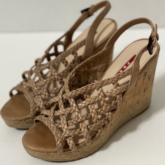 Prada Red Label Taupe/Tan Braided Leather Wedge Sandals EUC - Picture 2 of 13